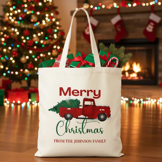 Bolso De Tela Feliz Navidad Viejo Camión Rojo en Personalizado d (Merry Christmas Vintage Red Truck in Snow Custom Tote Bag)