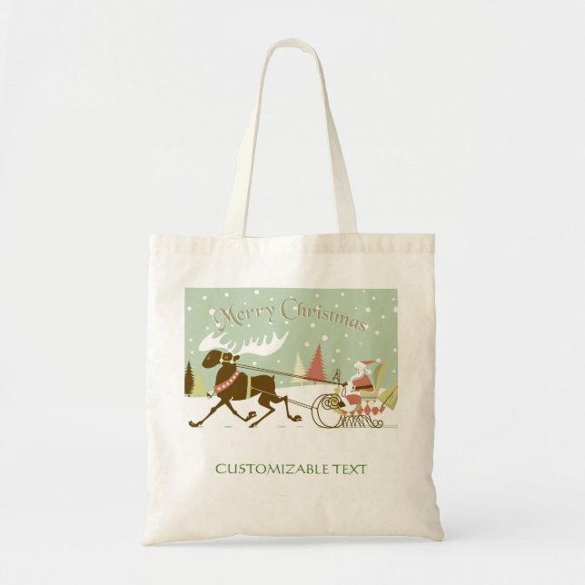 Bolso De Tela Feliz Navidad Y Santa con renos (Frente)