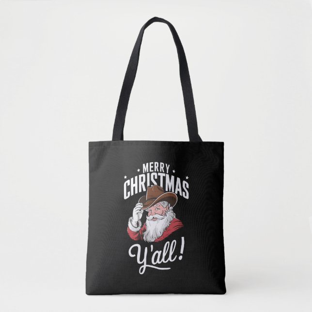 Bolso De Tela Feliz Navidad Y'all Country Cowboy Santa Claus (Anverso)
