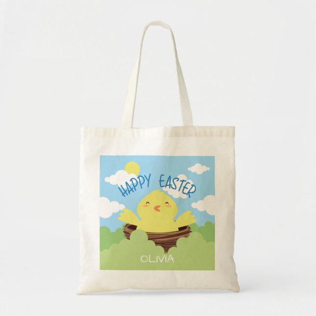 Bolso De Tela Feliz nombre personalizado de chica de Pascua | Va (Frente)