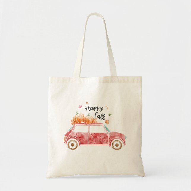 Bolso De Tela Feliz otoño con coche rosa y calabazas (Frente)