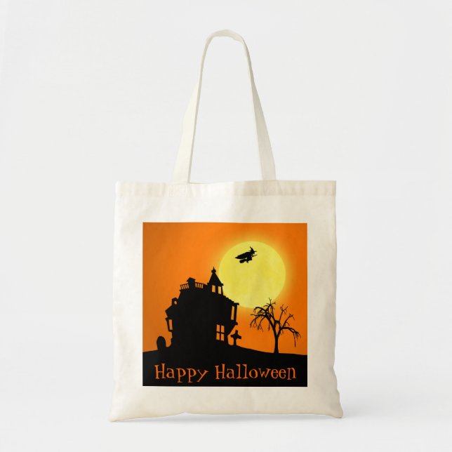 Bolso De Tela Feliz paisaje de la silueta de Halloween (Frente)