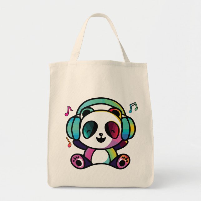 Bolso De Tela Feliz Panda con auriculares escuchando música. (Frente)