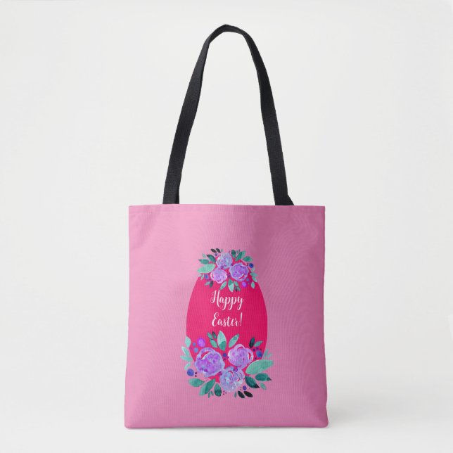 Bolso De Tela Feliz Pascua acuarela huevo rosa floral (Anverso)