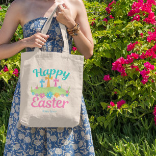 Bolso De Tela Feliz Pascua Bella Floral Cruces Personalizado Fie