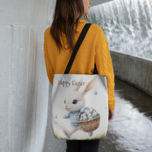 Bolso De Tela Feliz Pascua, conejo de Pascua caminando con huevo