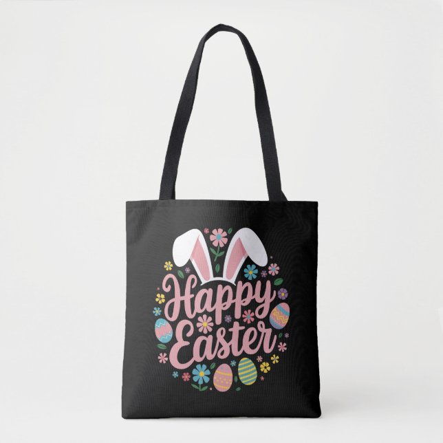 Bolso De Tela Feliz Pascua diciendo Egg Bunny (Anverso)