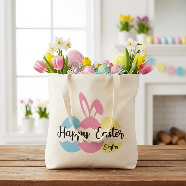 Bolso De Tela Feliz Pascua Pastel Huevos y Personalizado de Arej (Happy Easter Pastel Eggs and Bunny Ears Custom Tote Bag)