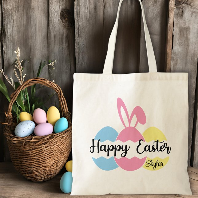 Bolso De Tela Feliz Pascua Pastel Huevos y Personalizado de Arej (Happy Easter Pastel Eggs and Bunny Ears Custom Tote Bag)