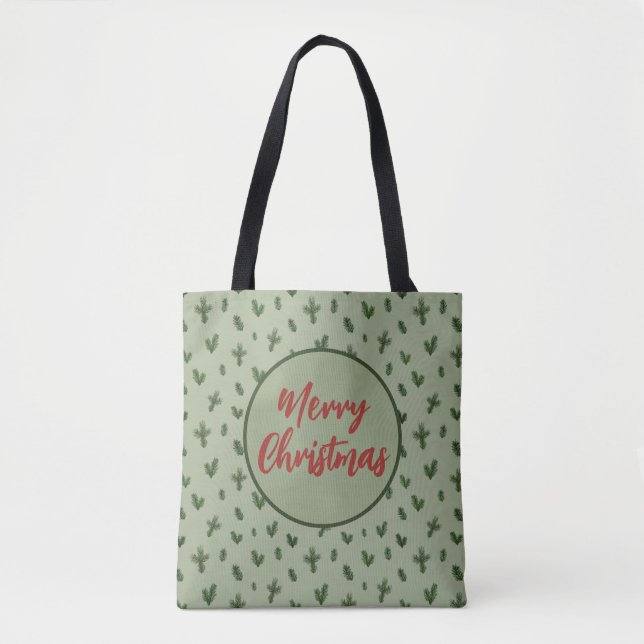 Bolso De Tela feliz patrón verde de navidad (Anverso)