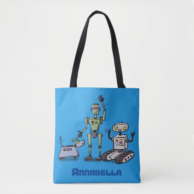 Bolso De Tela Feliz personalizado de trío de robots lindos (Anverso)