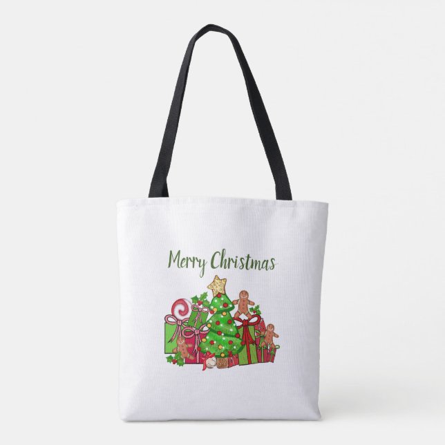 Bolso De Tela Feliz Regalos de Navidad Alrededor Del Árbol (Reverso)