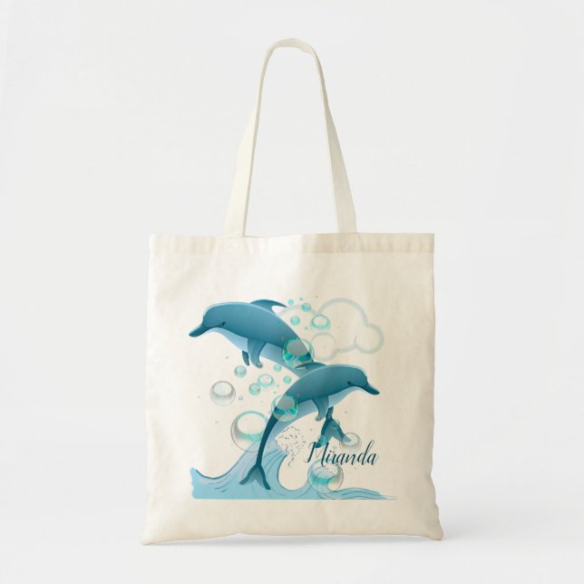 Bolso De Tela Feliz salto de delfín con burbujas (Frente)