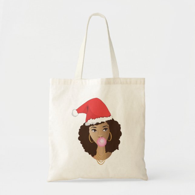 Bolso De Tela Feliz Sombrero de Papá Noel, Mujer Negra, Bubblegu (Frente)