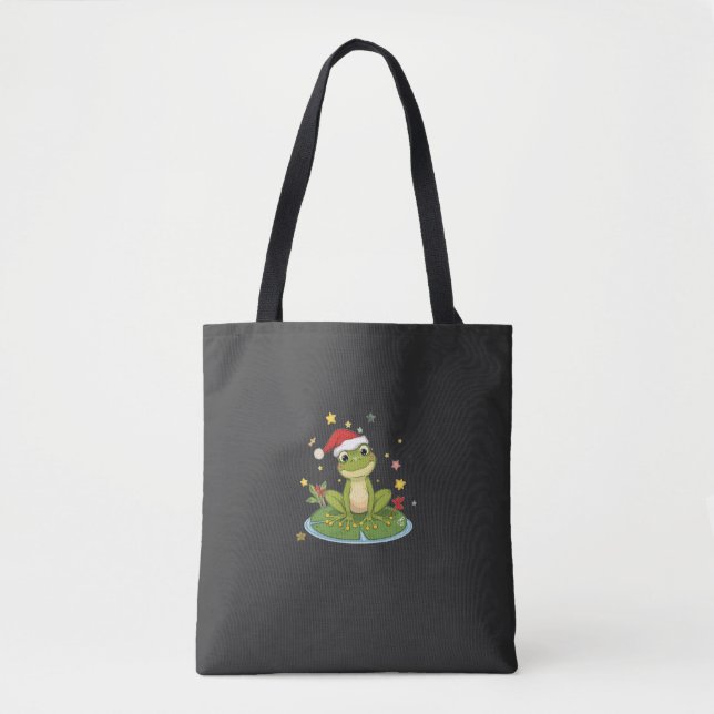 Bolso De Tela Festive Frog Joy - Cute Christmas Frog on Lily Pad (Anverso)