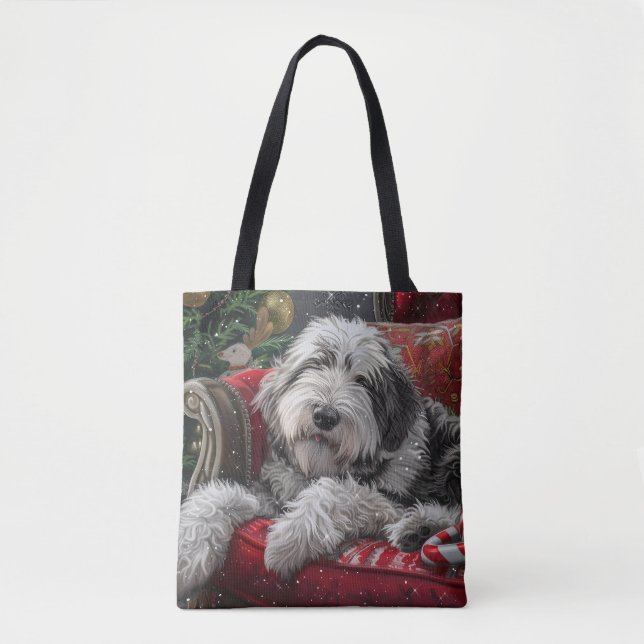 Bolso De Tela Festividad de Navidades de Sheepdog ingleses viejo (Anverso)
