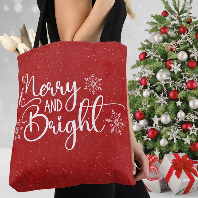 Bolso De Tela Festividad de nieve de moras rojas y blancas y Pur (Red & White Merry and Bright Glitter Snow Christmas Holiday Tote Bag)