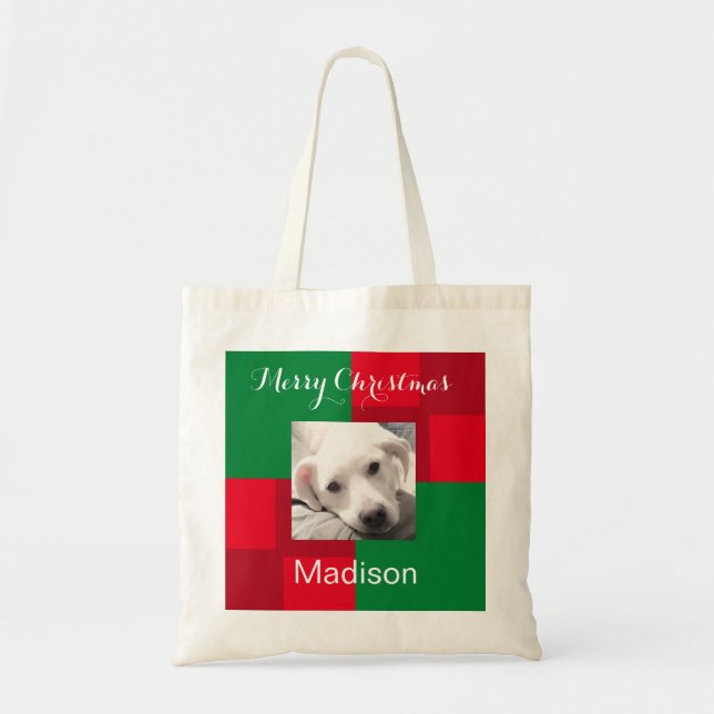 Bolso De Tela Festividad fotográfica de perro blanco rojo y verd (Frente)