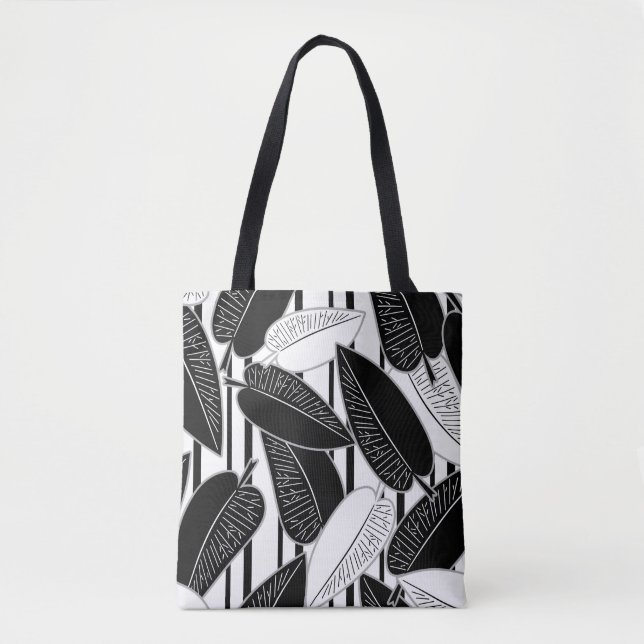 Bolso De Tela Ficus negro moderno hojas con rayas abstractas p (Anverso)