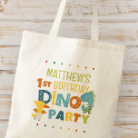 Bolso De Tela fiesta de cumpleaños de un niño de dinosaurio chin<br><div class="desc">Compuesto de divertidos sans serif tipografía manuscrita; dinosaurios Cute T-REX en el fondo Esto es diseñado por Select Fiesta Supplied,  exclusivo para Zazzle. Disponible aquí: http://www.zazzle.com/store/selectpartysupplies</div>