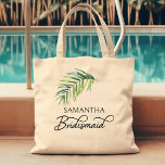 Bolso De Tela Fiesta de novias personalizada con hoja de palma<br><div class="desc">Regalo de fiesta nupcial que personalizar para tu dama de honor - o para cualquiera en tu fiesta de boda. La dama de honor está escrita a mano en forma de caligrafía rápida y puede cambiar fácilmente este papel introduciendo la herramienta de diseño. El diseño presenta una acuarela tropical de...</div>
