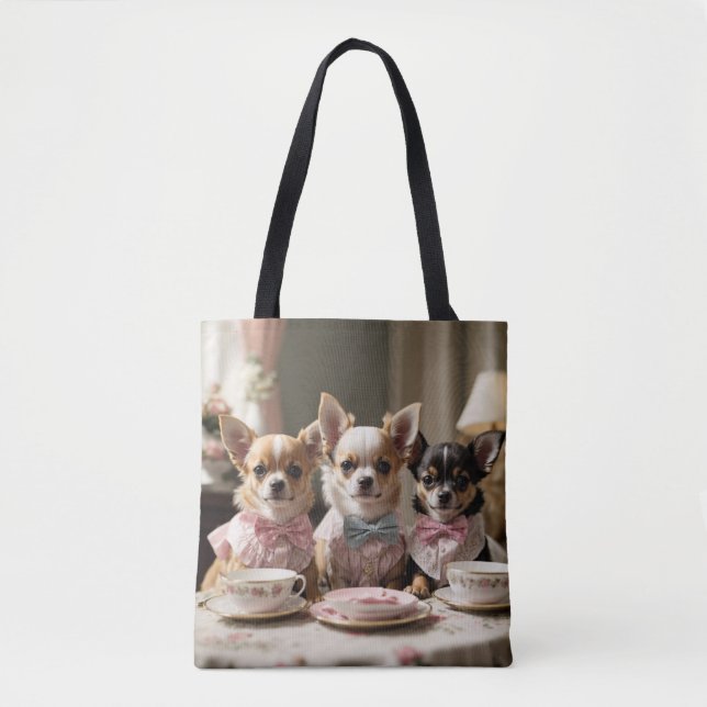 Bolso De Tela Fiesta del té de Cute Girly Chihuahua (Anverso)