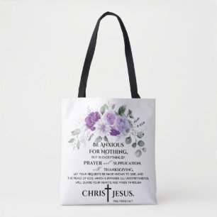 Bolso De Tela Filipenses 4:6-7 Escrituras Flores Púrpura