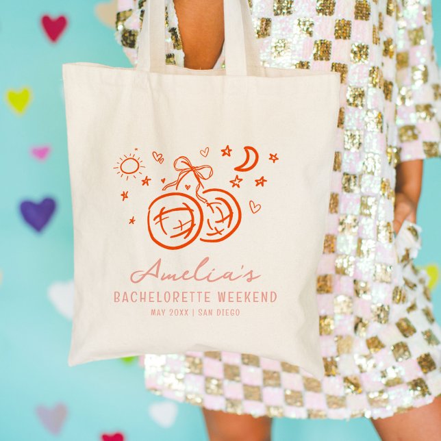Bolso De Tela Fin de semana de despedida de soltera Disco Boceto (Pink and red bachelorette party icon illustrations market tote bag.)