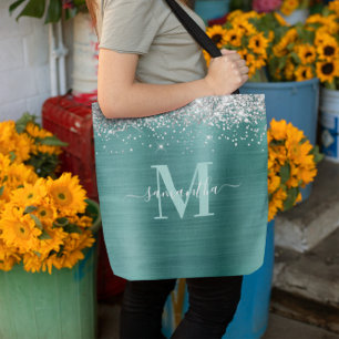 Bolso De Tela Firma Monograma Plata Purpurina Aqua Relieve metal