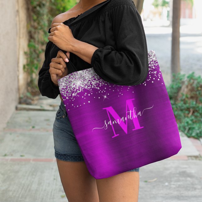 Bolso De Tela Firma Monograma Plata Purpurina Magenta Púrpura (Signature Monogram Silver Glitter Magenta Purple Tote Bag)