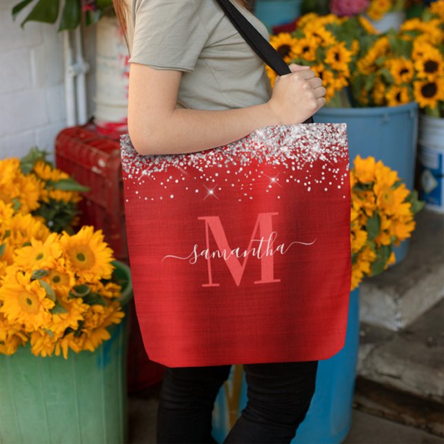 Bolso De Tela Firma Monograma Plata Purpurina Relieve metalizado (Signature Monogram Silver Glitter Red Foil Tote Bag)