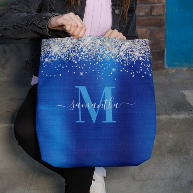 Bolso De Tela Firma Monograma Plata Purpurina Relieve metalizado (Silver Glitter Royal Blue Foil Signature Monogram Tote Bag)