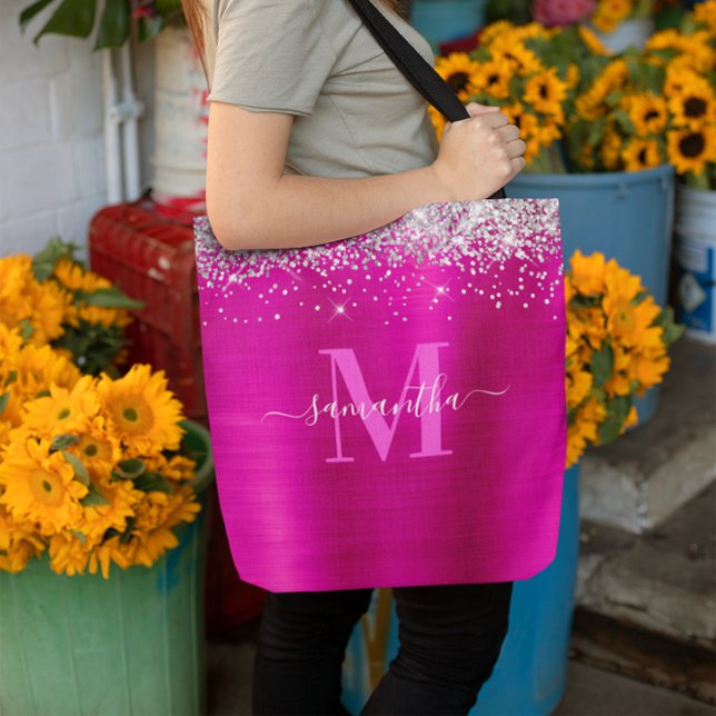 Bolso De Tela Firma Monograma Purpurina Plata Relieve metalizado (Signature Monogram Silver Glitter Hot Pink Foil Tote Bag)