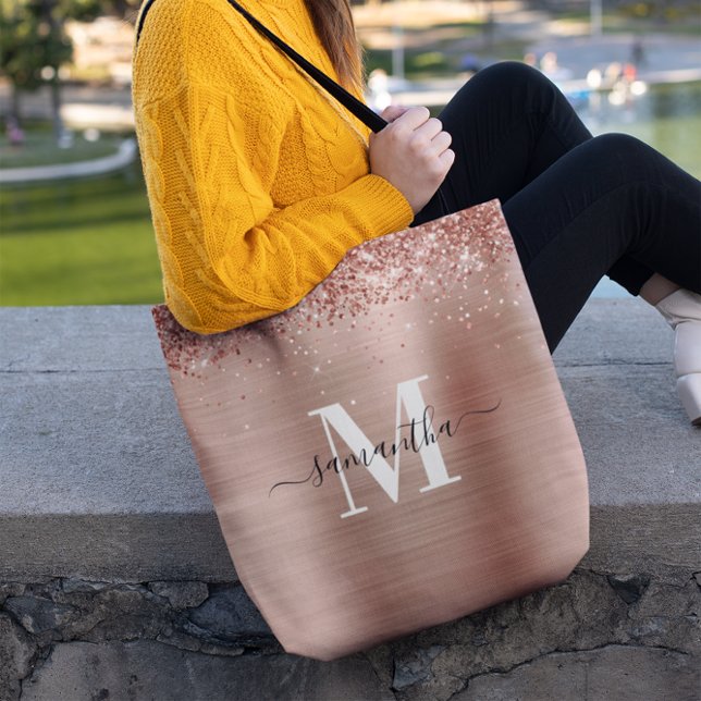 Bolso De Tela Firma Monograma Rosa Relieve metalizado Purpurinos (Rose Gold Glittery Foil Monogram Tote Bag)