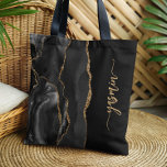 Bolso De Tela Firma personalizada Agante de oro negro<br><div class="desc">Personalice este elegante y moderno diseño con su nombre en un guión de escritura a mano de color dorado vertical sobre un fondo negro con un borde de color de agua negro agate recortado con purpurina de imitación dorado. (Para mantener los cambios al principio y al final del nombre, reemplace...</div>