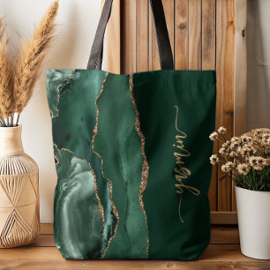 Bolso De Tela Firma Personalizada Esmeralda Verde Oro Ágata