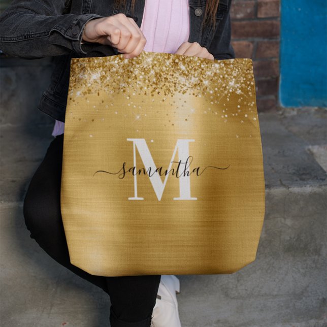 Bolso De Tela Firma Relieve metalizado dorado Purpurinoso monogr (Signature Monogrammed Glittery Gold Foil Tote Bag)