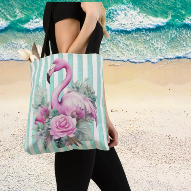 Bolso De Tela Flamenco Rosa Floral Popular sobre Raya de Menta (Room for your towel, hat and book!)