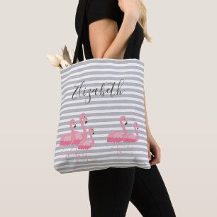 Bolso De Tela Flamenco Rosa Lindo Nombre Personalizado Rayas Gri