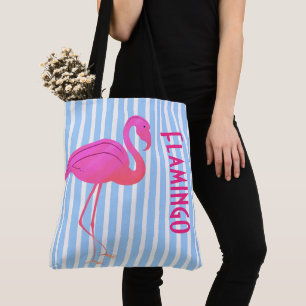 Bolso De Tela Flamenco Rosa sobre Rayas Azules