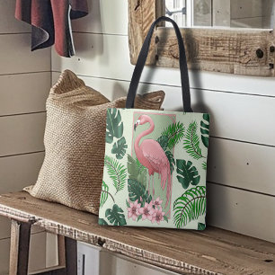 Bolso De Tela Flamenco Rosa Tropical Hojas de Palma Verde Lirio