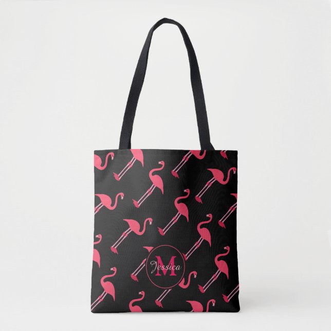 Bolso De Tela Flamencos rosados en negro personalizado (Anverso)