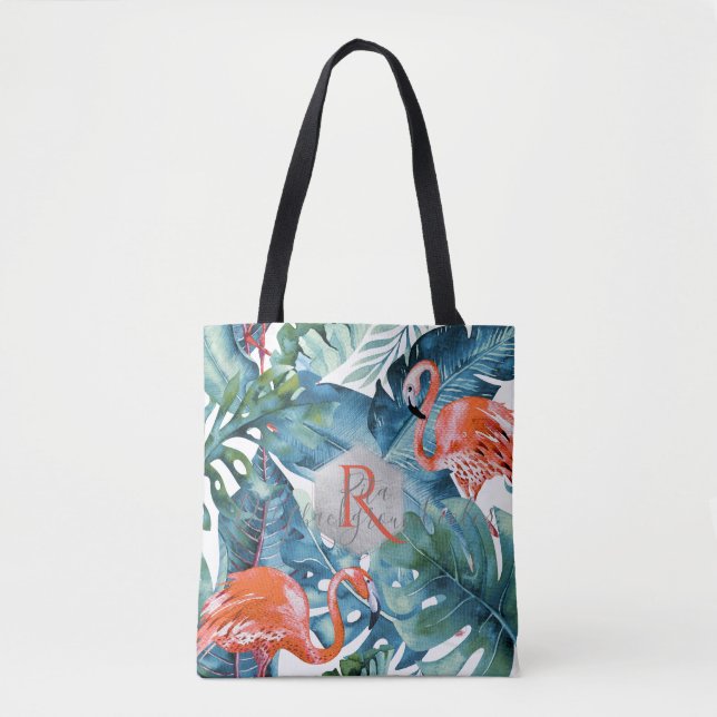 Bolso De Tela Flamencos rosados + vegetación tropical de PixDezi (Anverso)