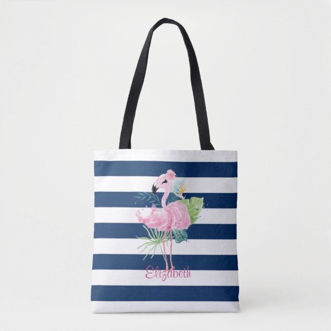 Bolso De Tela Flamencos rosadosHoja tropical, a rayas (Anverso)