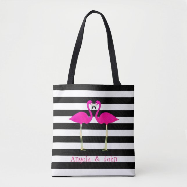 Bolso De Tela Flamencos rosas, negro, franjas blancas personaliz (Anverso)