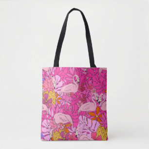 Bolso De Tela Flamencos sobre un fondo de hojas tropicales y f