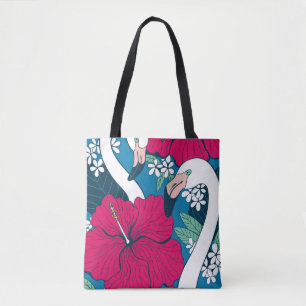Bolso De Tela Flamencos tropicales: fondo de Hibiscus Plumeria.