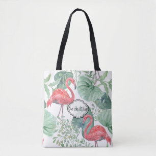 Bolso De Tela Flamencos y hojas rosadas.