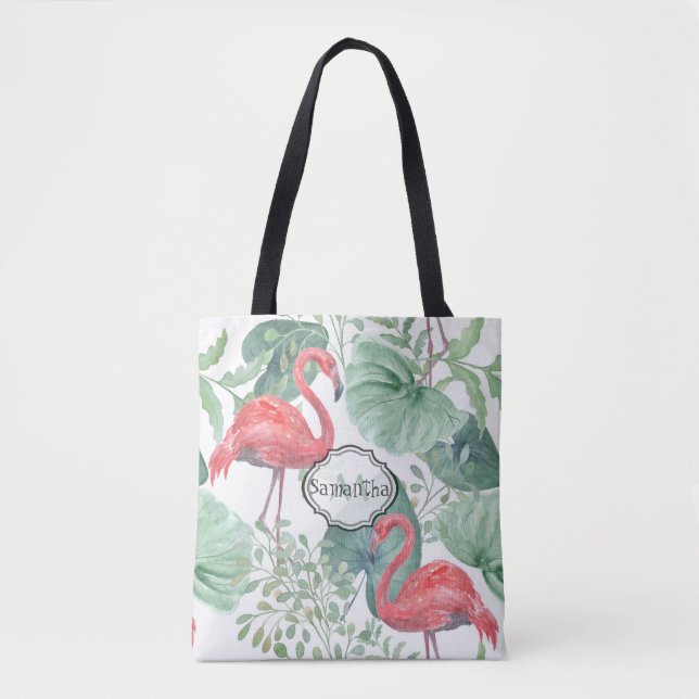 Bolso De Tela Flamencos y hojas rosadas. (Anverso)