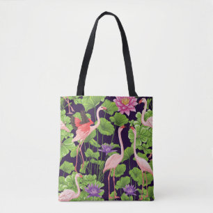 Bolso De Tela Flamingo, plantas tropicales, fondo negro.
